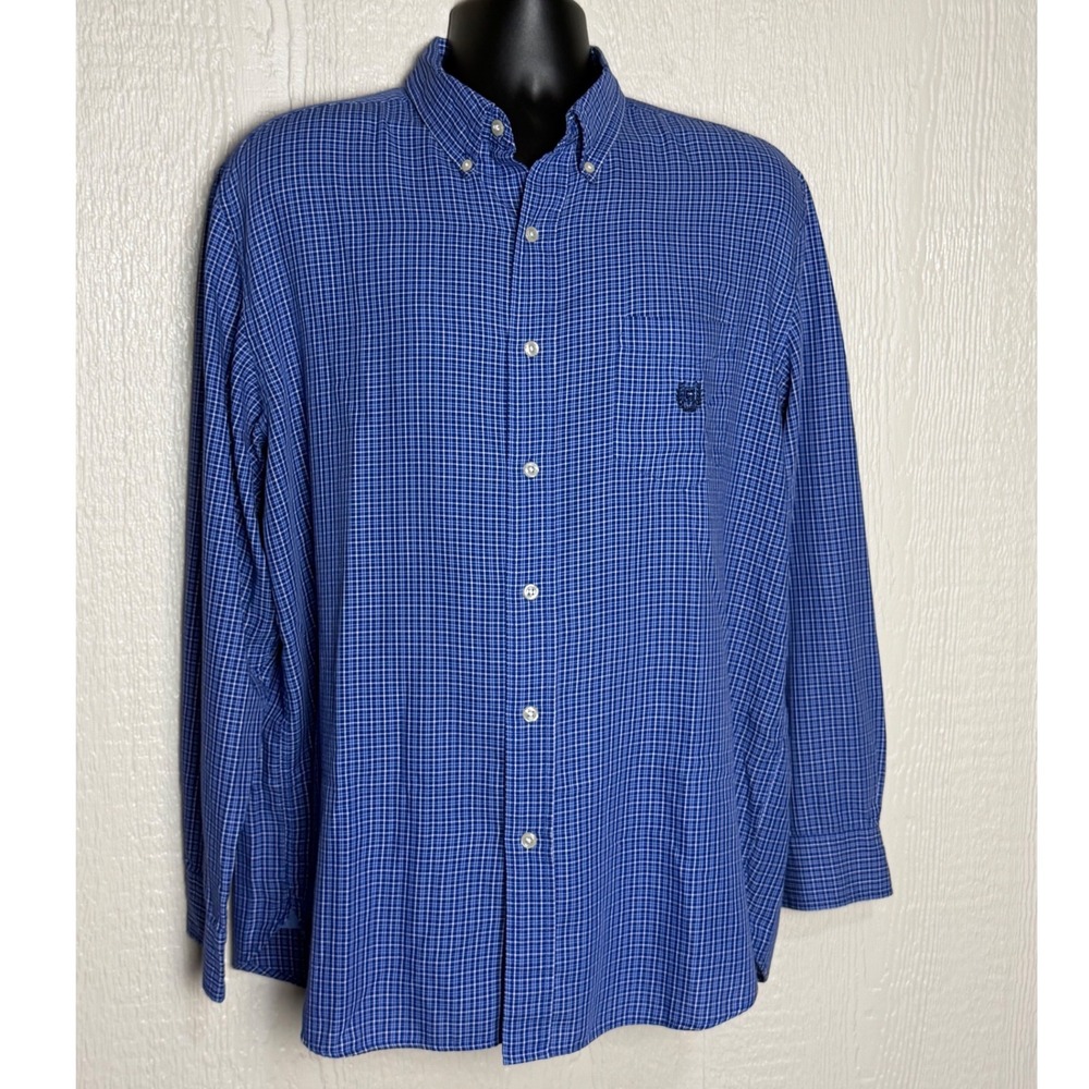 Chaps Mens XL Blue White Plaid Long Sleeve Button Down Cotton Shirt